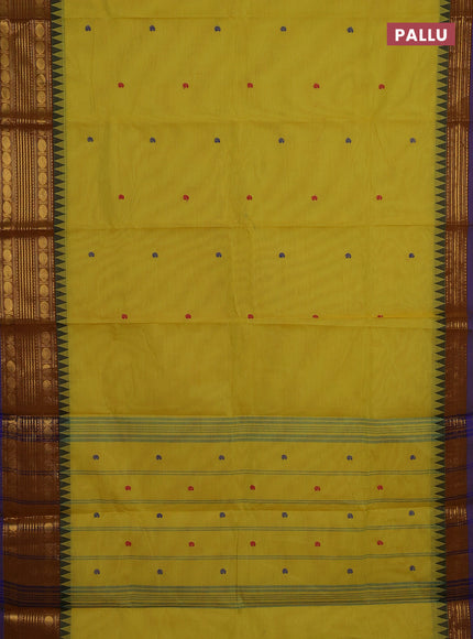 Chettinad cotton saree lime yellow and violet with thread woven buttas and zari woven border