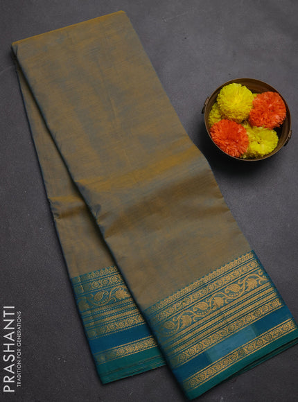 Chettinad cotton saree dual shade of bluish mustard and teal blue with plain body and zari woven border
