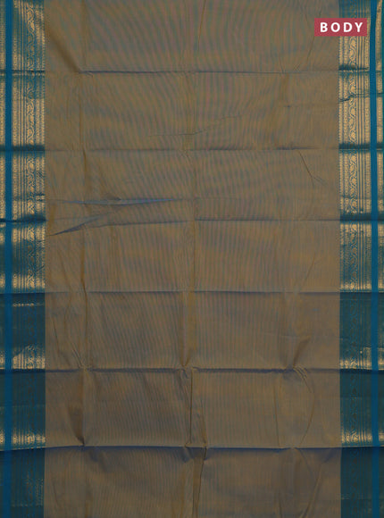 Chettinad cotton saree dual shade of bluish mustard and teal blue with plain body and zari woven border