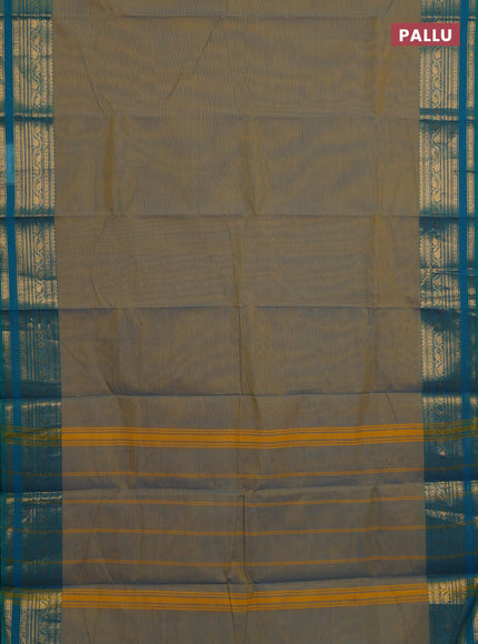 Chettinad cotton saree dual shade of bluish mustard and teal blue with plain body and zari woven border