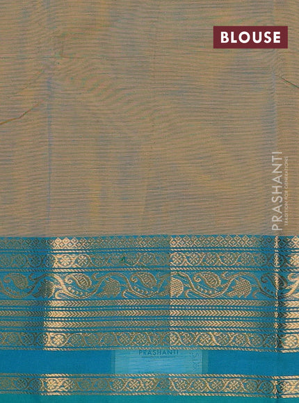 Chettinad cotton saree dual shade of bluish mustard and teal blue with plain body and zari woven border