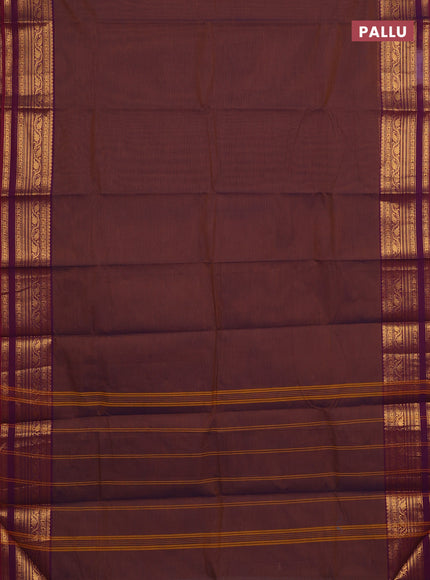 Chettinad cotton saree dual shade of rust and wine shade with plain body and zari woven border