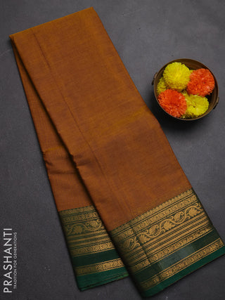 Chettinad cotton saree mustard yellow and green with plain body and zari woven border