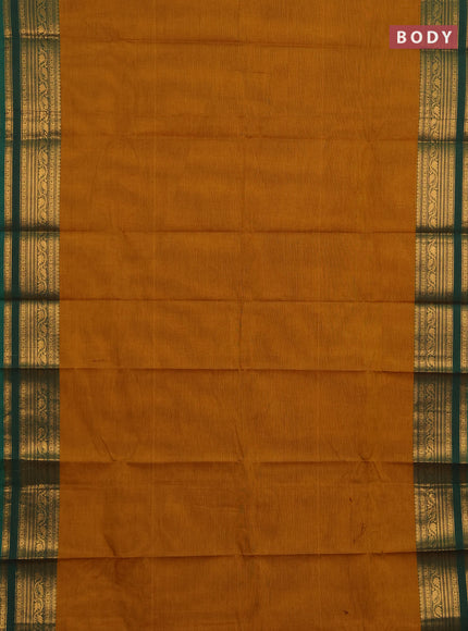 Chettinad cotton saree mustard yellow and green with plain body and zari woven border