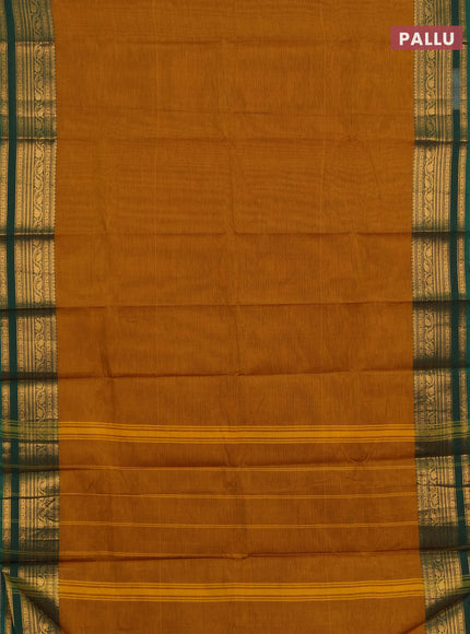 Chettinad cotton saree mustard yellow and green with plain body and zari woven border