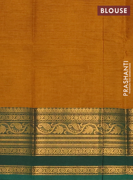 Chettinad cotton saree mustard yellow and green with plain body and zari woven border