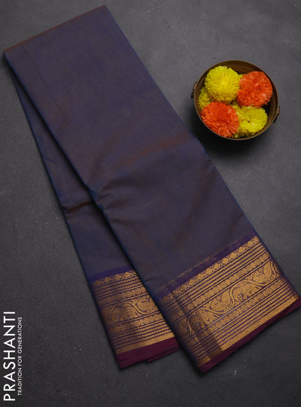 Chettinad cotton saree dual shade of blue and wine shade with plain body and zari woven border