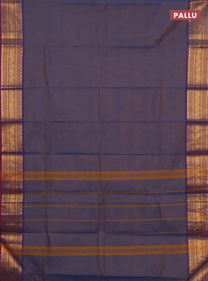 Chettinad cotton saree dual shade of blue and wine shade with plain body and zari woven border