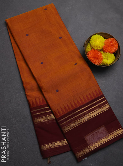 Chettinad cotton saree dark mustard and maroon with thread woven buttas and rettapet zari woven border