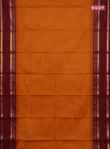 Chettinad cotton saree dark mustard and maroon with thread woven buttas and rettapet zari woven border