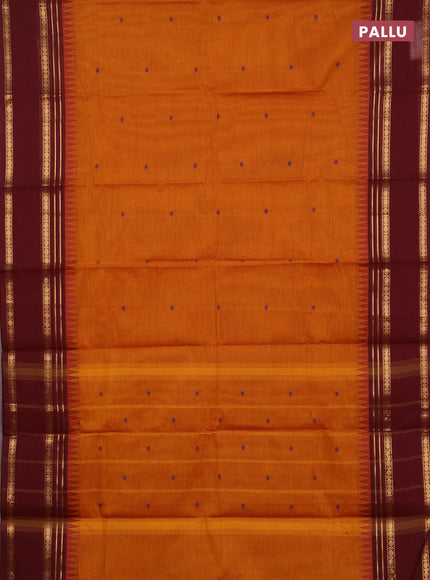Chettinad cotton saree dark mustard and maroon with thread woven buttas and rettapet zari woven border