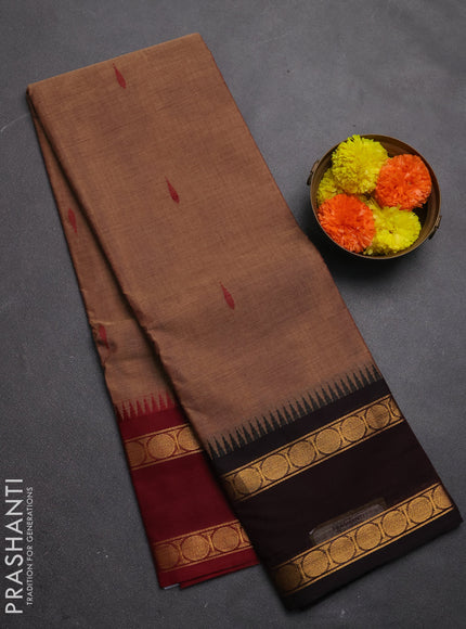 Chettinad cotton saree brown shade with thread woven buttas and ganga jamuna border