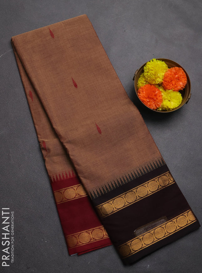 Chettinad cotton saree brown shade with thread woven buttas and ganga jamuna border