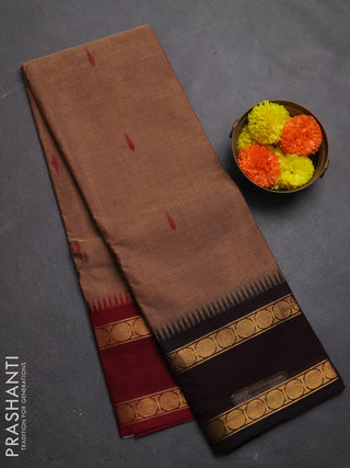 Chettinad cotton saree brown shade with thread woven buttas and ganga jamuna border