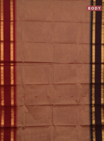 Chettinad cotton saree brown shade with thread woven buttas and ganga jamuna border