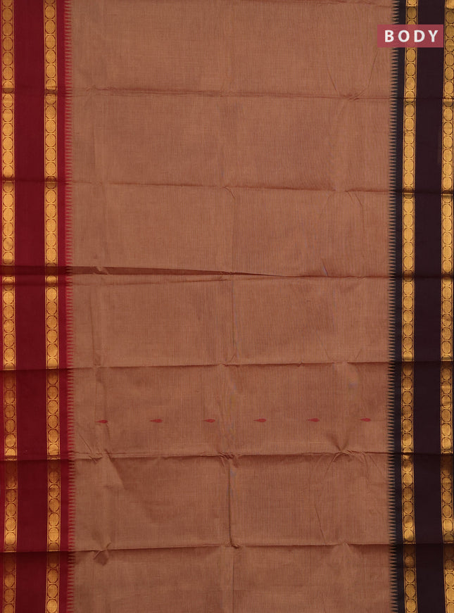 Chettinad cotton saree brown shade with thread woven buttas and ganga jamuna border