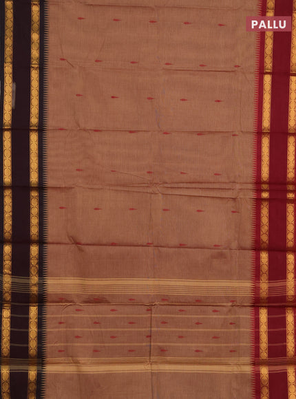 Chettinad cotton saree brown shade with thread woven buttas and ganga jamuna border