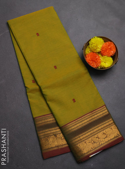 Chettinad cotton saree mustard green and maroon with thread woven buttas and rettapet zari woven border