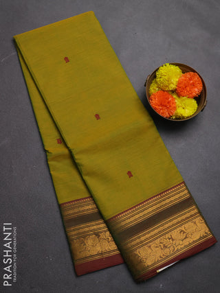 Chettinad cotton saree mustard green and maroon with thread woven buttas and rettapet zari woven border