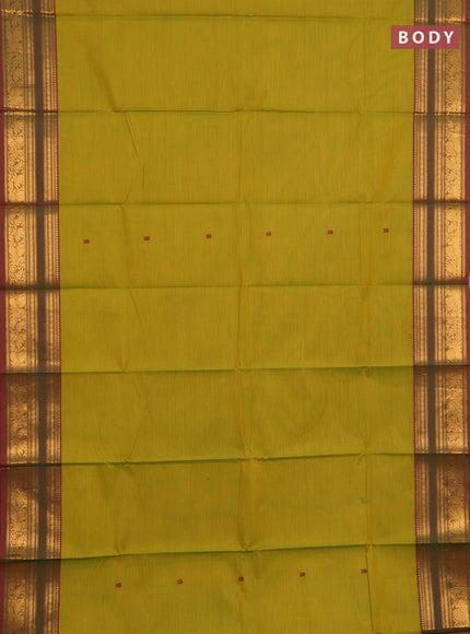 Chettinad cotton saree mustard green and maroon with thread woven buttas and rettapet zari woven border