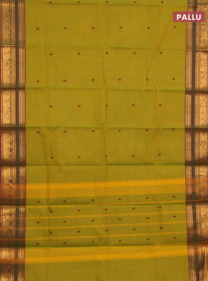 Chettinad cotton saree mustard green and maroon with thread woven buttas and rettapet zari woven border