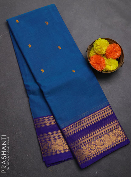 Chettinad cotton saree peacock blue and violet with thread woven buttas and rettapet zari woven border