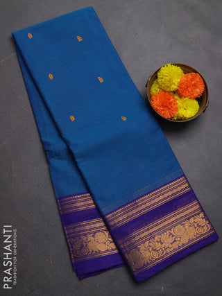 Chettinad cotton saree peacock blue and violet with thread woven buttas and rettapet zari woven border