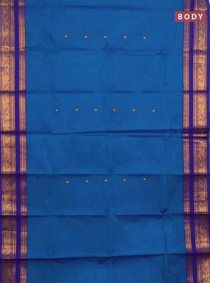Chettinad cotton saree peacock blue and violet with thread woven buttas and rettapet zari woven border