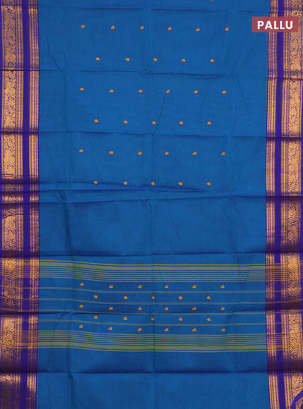 Chettinad cotton saree peacock blue and violet with thread woven buttas and rettapet zari woven border