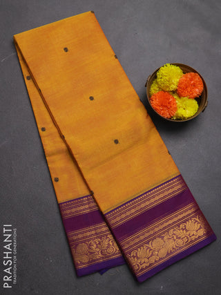 Chettinad cotton saree yellow and purple with thread woven buttas and zari woven border
