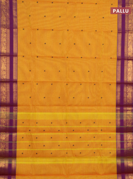 Chettinad cotton saree yellow and purple with thread woven buttas and zari woven border