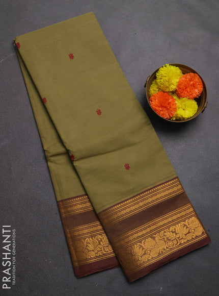 Chettinad cotton saree elaichi green and maroon with thread woven buttas and zari woven border