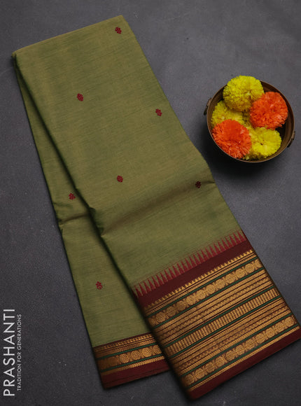 Chettinad cotton saree elaichi green and maroon with thread woven buttas and zari woven border