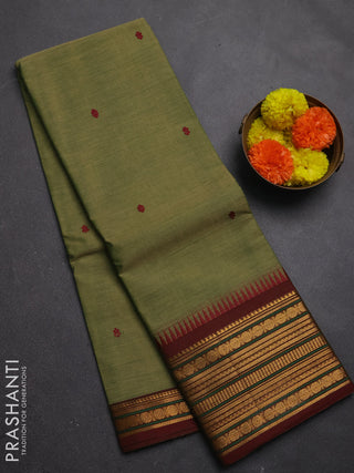 Chettinad cotton saree elaichi green and maroon with thread woven buttas and zari woven border