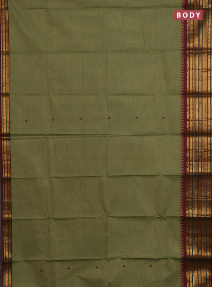 Chettinad cotton saree elaichi green and maroon with thread woven buttas and zari woven border