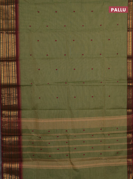 Chettinad cotton saree elaichi green and maroon with thread woven buttas and zari woven border
