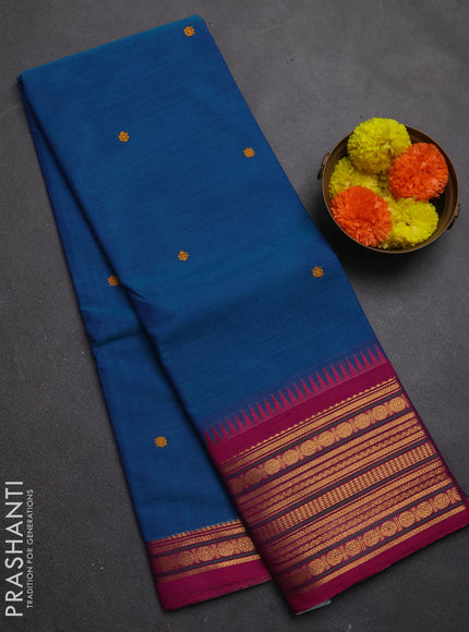 Chettinad cotton saree teal blue and pink with thread woven buttas and zari woven border
