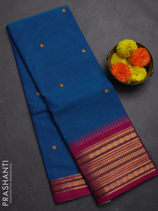 Chettinad cotton saree teal blue and pink with thread woven buttas and zari woven border