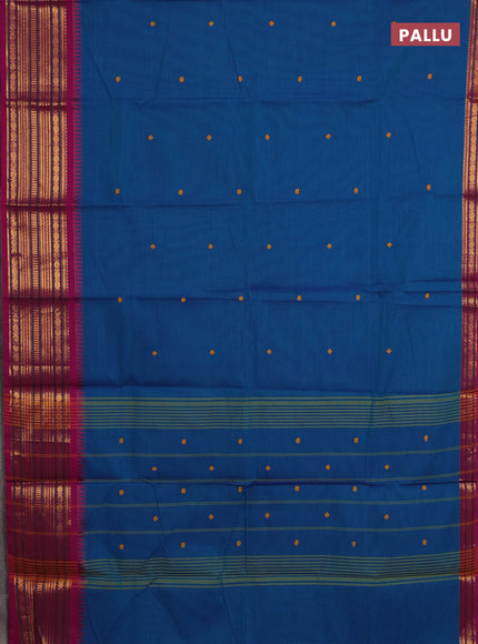 Chettinad cotton saree teal blue and pink with thread woven buttas and zari woven border