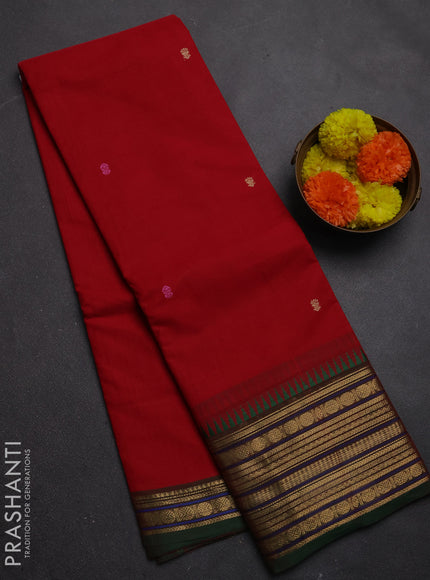 Chettinad cotton saree red and green with thread woven buttas and zari woven border
