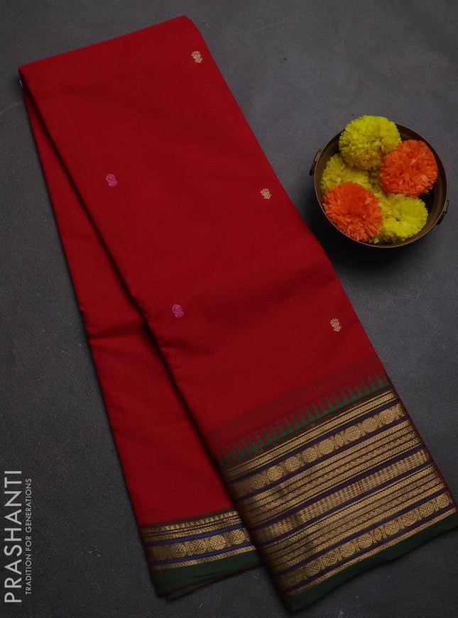 Chettinad cotton saree red and green with thread woven buttas and zari woven border