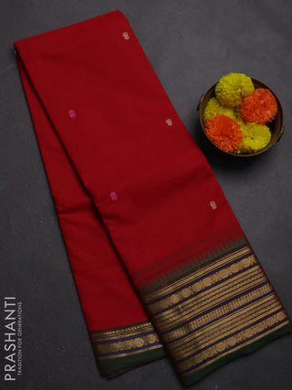 Chettinad cotton saree red and green with thread woven buttas and zari woven border