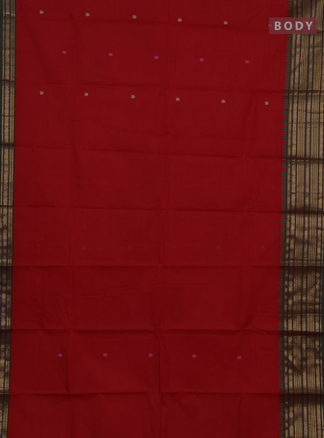 Chettinad cotton saree red and green with thread woven buttas and zari woven border