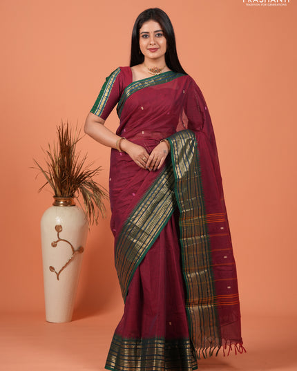 Chettinad cotton saree maroon and green with thread woven buttas and zari woven border