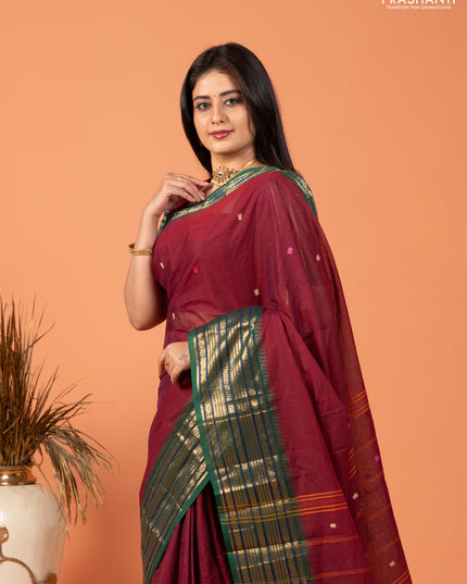 Chettinad cotton saree maroon and green with thread woven buttas and zari woven border
