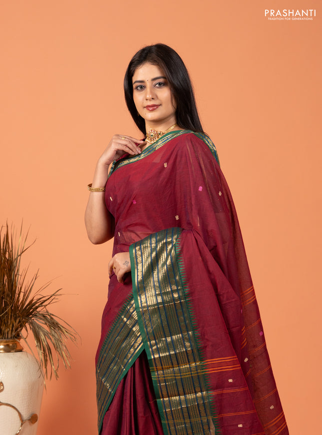 Chettinad cotton saree maroon and green with thread woven buttas and zari woven border