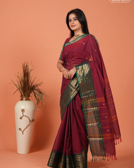 Chettinad cotton saree maroon and green with thread woven buttas and zari woven border