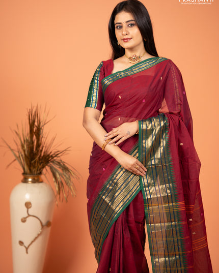 Chettinad cotton saree maroon and green with thread woven buttas and zari woven border