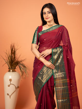 Chettinad cotton saree maroon and green with thread woven buttas and zari woven border
