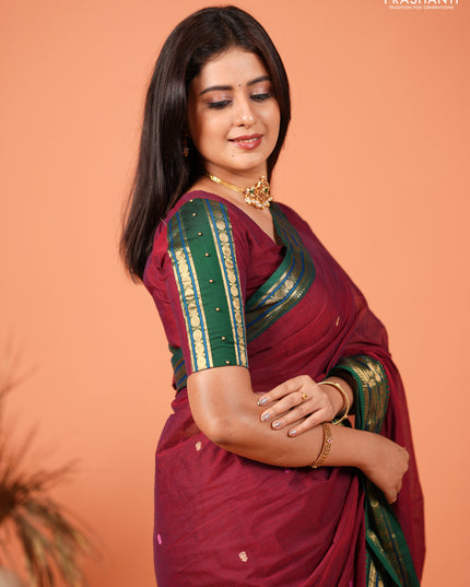 Chettinad cotton saree maroon and green with thread woven buttas and zari woven border